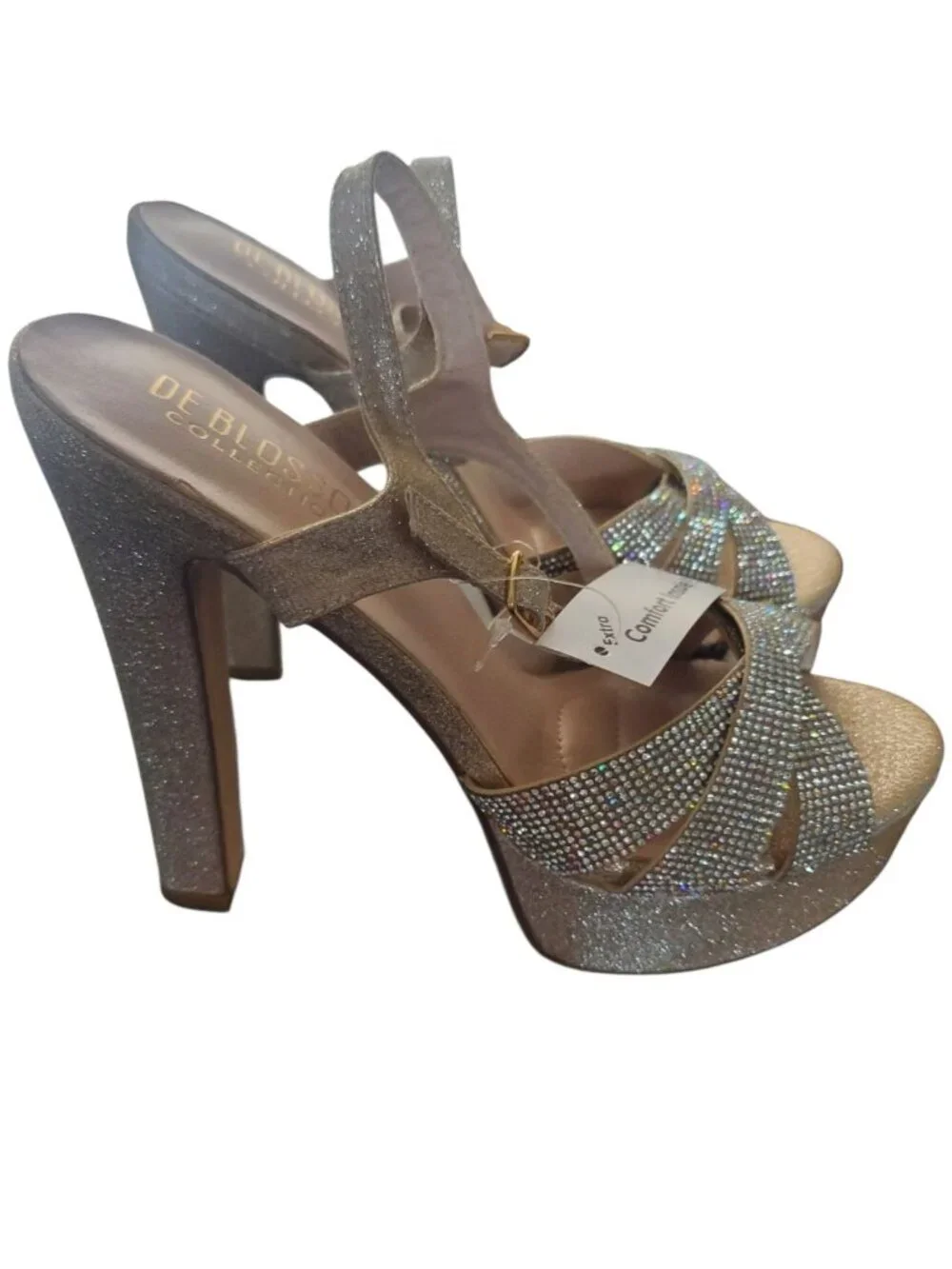 De Blossom Womens Rhinestone Gold Glitter Platform Heels Champagne Size 8